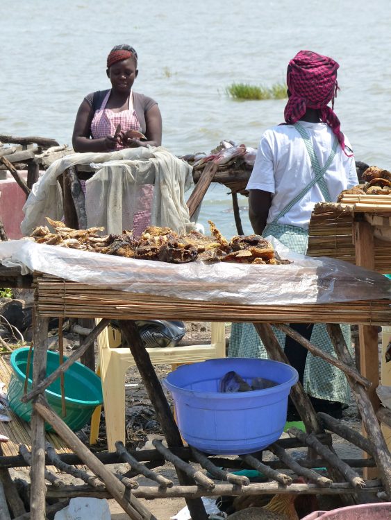 Twee vrouwen zijn aan het werk op een vismarkt in Kenia.