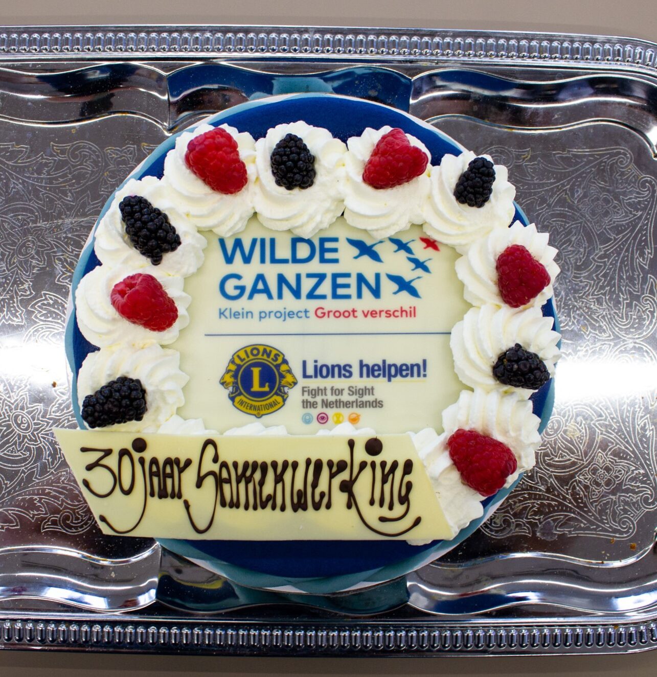 Een taart om de samenwerking met Lions Fight for Sight te vieren.