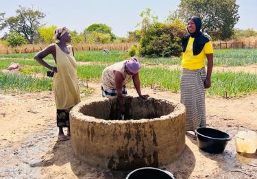 Een vrouw met een teil staat bij een waterput.
