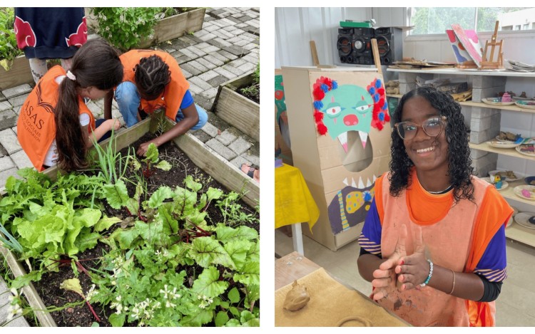 Een foto van twee kinderen in een moestuin en een foto van een meisje die aan het kleien is.